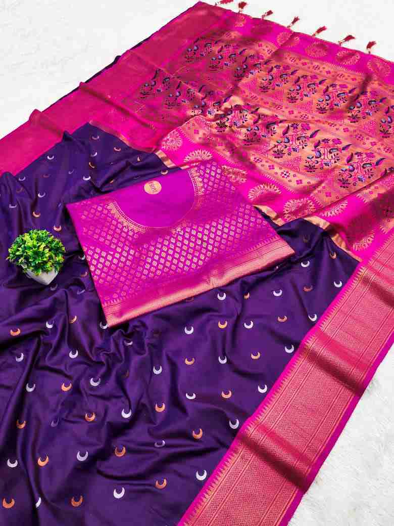 Gold & Silver Zari Weaving Paithani Silk Saree