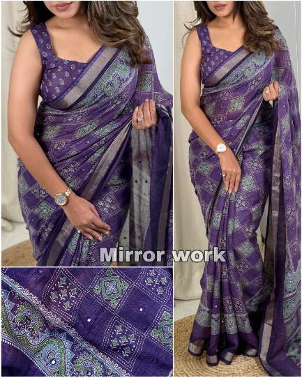 Handcrafted Ajrakh Print Linen Slub Saree with Mirror Work